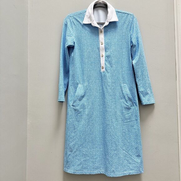 J.McLaughlin Callie Dress M Blue Geometric Shirt Preppy Coastal Resort Nautical - Picture 1 of 16